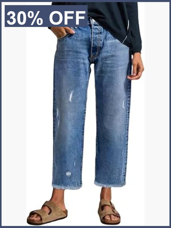Denim - Stretchy Distressed Straight Leg Ankle Jeans with Raw Hem